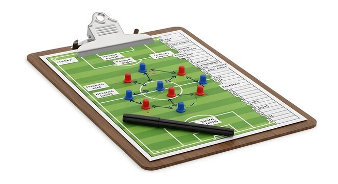 A tactical soccer field diagram displayed on a clipboard, outlining a team's strategy
