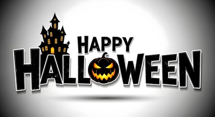 Happy halloween text with spooky haunted castle and jack o lantern