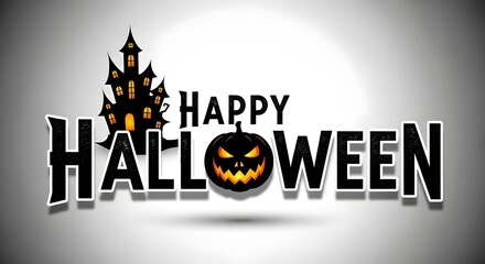 Happy halloween text with spooky haunted castle and jack o lantern