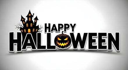 Happy halloween text with spooky castle and jack o lantern