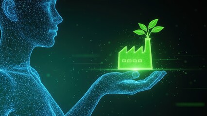 A digital human profile holding a glowing holographic green factory showing ai eco tech, sustainable & green manufacturing concept