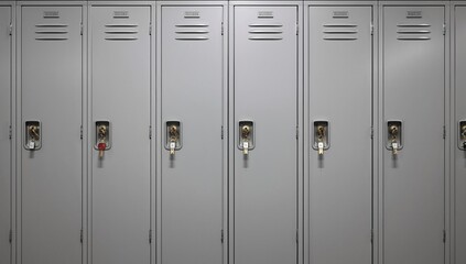 Fototapeta premium Front view of light gray metal lockers secured with diverse padlocks, suitable for safeguarding personal items in a fitness or educational setting