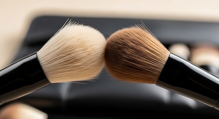 Two Makeup Brushes Close Up Cosmetics Applicators Beauty Accessories Tools Professional Facial Products Kit Black Handles Soft Bristles Hygiene Skin Care