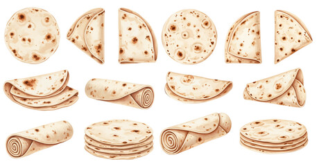 An illustrated collection of tortilla flatbreads, featuring various arrangements like stacks, folds, and wraps on a transparent background.