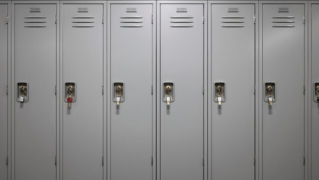 Front view of light gray metal lockers secured with diverse padlocks, suitable for safeguarding personal items in a fitness or educational setting