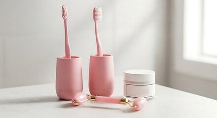 Pink Bathroom Still Life Toothbrushes Holders Skincare Cream Jar Facial Roller Hygiene Dental Care Beauty Routine Wellness Serenity Relaxation Home Decor