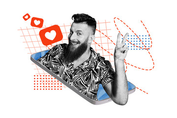 Creative photo collage young man showing gesture two fingers peace blogger notification smartphone...