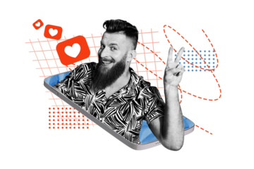 Creative photo collage young man showing gesture two fingers peace blogger notification smartphone feedback like icons drawing background