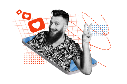 Creative photo collage young man showing gesture two fingers peace blogger notification smartphone feedback like icons drawing background