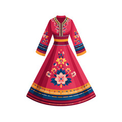 A vibrant traditional dress adorned with floral patterns, showcasing cultural heritage and artistic craftsmanship.