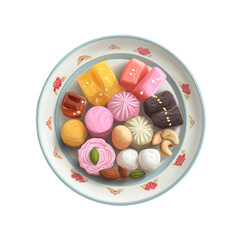 A vibrant plate filled with an assortment of colorful sweets and desserts, perfect for any celebration.