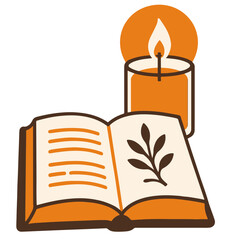 Vector illustration of open book with lit candle, cozy reading concept
