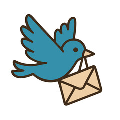 Vector illustration of blue bird flying with envelope in beak, mail delivery symbol

