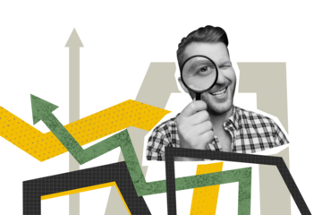 Exclusive art 3d creative image collage of happy businessman hold magnifier loupe arrow development growth concept research vacancy