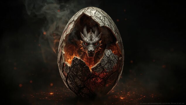 Fiery dragon hatching from cracked egg in dark mystical atmosphere with glowing embers and smoke