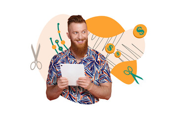 Composite photo collage of happy man freelancer hold ereader money capital cut inflation dollar...
