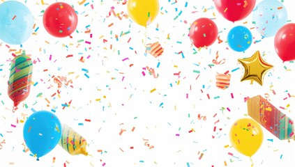 Celebration balloons and colorful confetti scattered on a bright backdrop, festive design, banner, isolated frame, party vibes, birthday joy, gift theme, cheerful white background