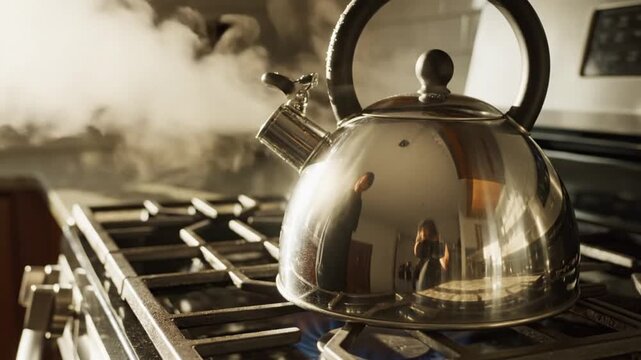 "4K Video of a Tea Kettle Boiling on the Stove"