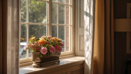 Fototapeta premium Sunlight streams onto a planter and window ledge in a living room, enhancing indoor plant growth