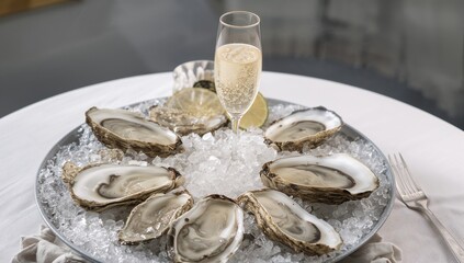 Fototapeta premium Chilled prosecco paired with freshly shucked oysters on display