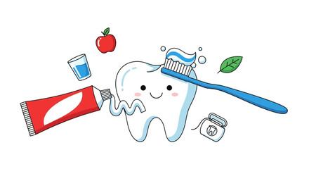 Healthy Tooth Brushing with Toothpaste and Dental Floss for Good Oral Hygiene and Fresh Breath