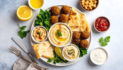 Vibrant Falafel Platter with Hummus, Pita, and Fresh Garnishes on a Textured Surface