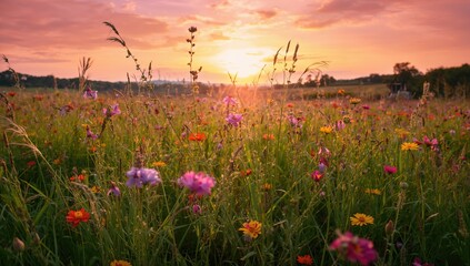 Obraz premium Stunning wild grass field glowing under the evening sky. Vibrant rural landscape captured in gentle lighting.