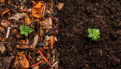 Fototapeta premium Composted soil integrates decaying food scraps and organic waste, enhancing soil quality for gardening