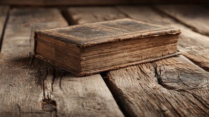Fototapeta premium A vintage book with worn leather cover sits on a weathered wooden surface evoking nostalgia.