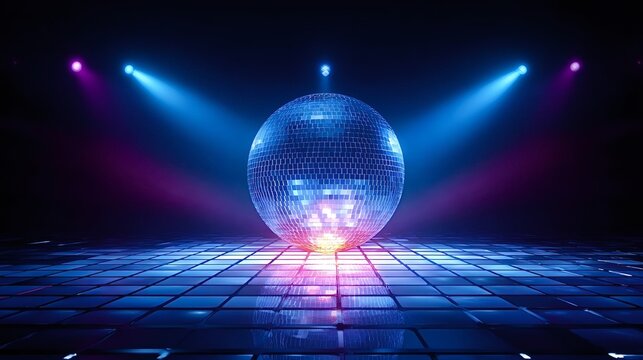 Disco ball reflecting vibrant blue and pink neon spotlights, creating a dazzling atmosphere on a checkerboard dance floor, perfect for parties, celebrations, and nightlife themes