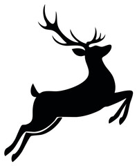 Obraz premium Dynamic black silhouette of a leaping stag with large antlers, a Christmas reindeer icon