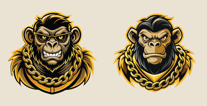 Stylish elegant golden monkey animal with in gold chain logo vector art design illustration