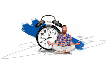 Composite photo collage of spiritual man do yoga meditation break alarm clock bell regime deadline...