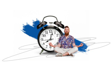 Composite photo collage of spiritual man do yoga meditation break alarm clock bell regime deadline isolated on painted background