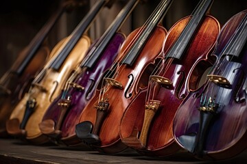 Fototapeta premium Violins showcasing intricate wooden details and a vibrant spectrum of colors, arranged neatly in a row, representing classical music and artistic expression