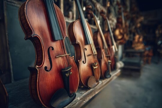 Line of wooden violins standing vertically on a dark surface, showcasing various shades of brown and intricate details of stringed instruments for sale or display