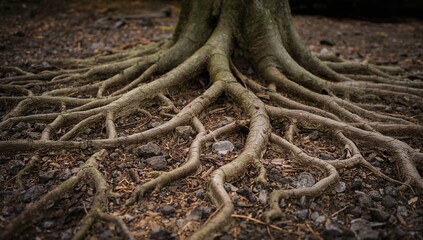 Coniferous tree roots exhibit intricate formations, highlighting erosion risk