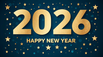 A minimalist, luxurious Christmas vector illustration featuring gold numerals 2026 on a dark blue background with stars and metallic circles. Modern typography with the inscription "Happy New Year."