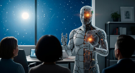  A human-robot hybrid gives a presentation to a small group of colleagues in a modern office with a large window. Friendly atmosphere during a business meeting with advanced  technology.