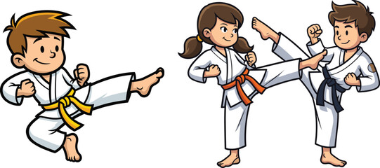 Karate kids vector, martial arts illustration, cartoon characters training, karate gi outfit, belt levels, action pose, sparring scene