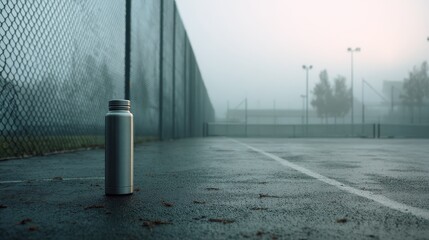 Silver water bottle resting on damp tennis court amidst early morning fog with blurred background of chain-link fence and distant sports facilities