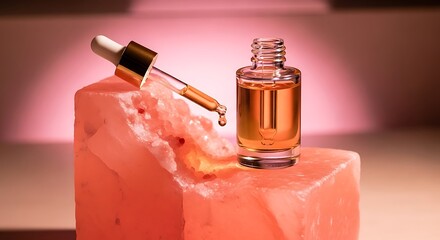 Luxurious Serum Oil in Glass Dropper Bottle on Pink Himalayan Salt Block