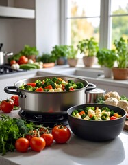 Vibrant kitchen scene with fresh vegetables, herbs, and a pot of colorful broccoli and cauliflower mix