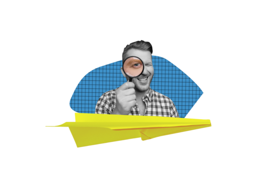 Poster trend sketch template 3D photo collage of young man hand hold zoom magnifier glass research smile paper plane message fly