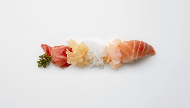 Nigiri sushi topped with salmon displayed on a white backdrop - Powered by Adobe