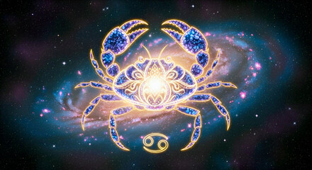 The Cancer zodiac sign against a colorful night sky. The crab symbol of the astrological calendar. Astrological calendar. High-quality illustration.