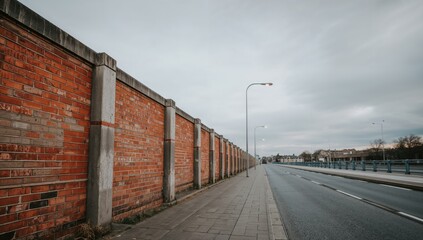 Concrete column fence with brick wall, cloudy sky, street light, and contemporary building in the background. Urban roadway ahead. Blank space for text.