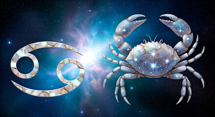 The Cancer zodiac sign against a colorful night sky. The crab symbol of the astrological calendar. Astrological calendar. High-quality illustration.