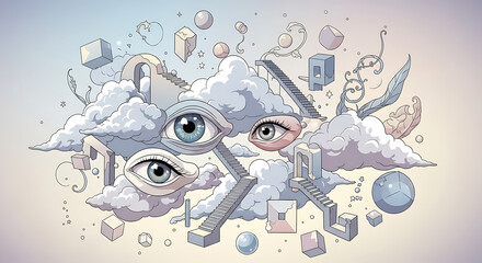 Surreal illustration of clouds with human eyes and ladders