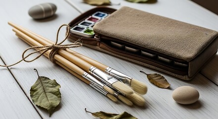 Watercolor Paint Set and Brush Tied Bundle on Rustic White Wood